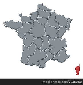 Map of France, Corsica highlighted. Political map of France with the several regions where Corsica is highlighted.