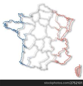 Map of France, Corsica highlighted. Political map of France with the several regions where Corsica is highlighted.