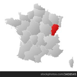 Map of France, Franche-Comte highlighted. Political map of France with the several regions where Franche-Comte is highlighted.