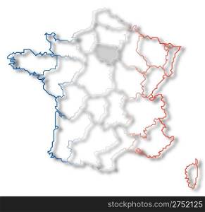 Map of France, Ile-de-France highlighted. Political map of France with the several regions where Ile-de-France is highlighted.