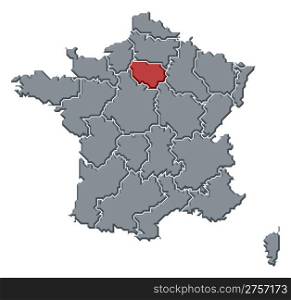 Map of France, Ile-de-France highlighted. Political map of France with the several regions where Ile-de-France is highlighted.