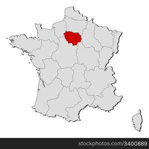 Map of France, Ile-de-France highlighted. Political map of France with the several regions where Ile-de-France is highlighted.