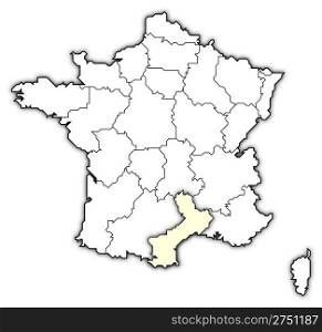 Map of France, Languedoc-Roussillon highlighted. Political map of France with the several regions where Languedoc-Roussillon is highlighted.