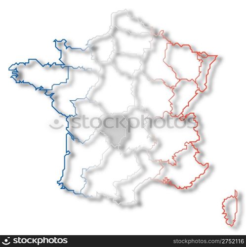 Map of France, Limousin highlighted. Political map of France with the several regions where Limousin is highlighted.