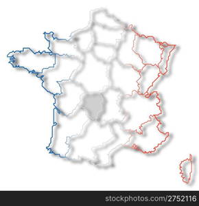 Map of France, Limousin highlighted. Political map of France with the several regions where Limousin is highlighted.