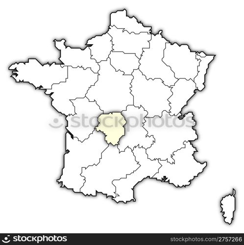 Map of France, Limousin highlighted. Political map of France with the several regions where Limousin is highlighted.