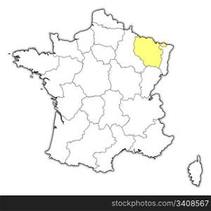 Map of France, Lorraine highlighted. Political map of France with the several regions where Lorraine is highlighted.