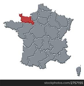 Map of France, Lower Normandy highlighted. Political map of France with the several regions where Lower Normandy is highlighted.