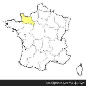 Map of France, Lower Normandy highlighted. Political map of France with the several regions where Lower Normandy is highlighted.