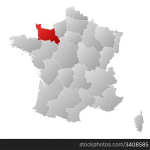 Map of France, Lower Normandy highlighted. Political map of France with the several regions where Lower Normandy is highlighted.