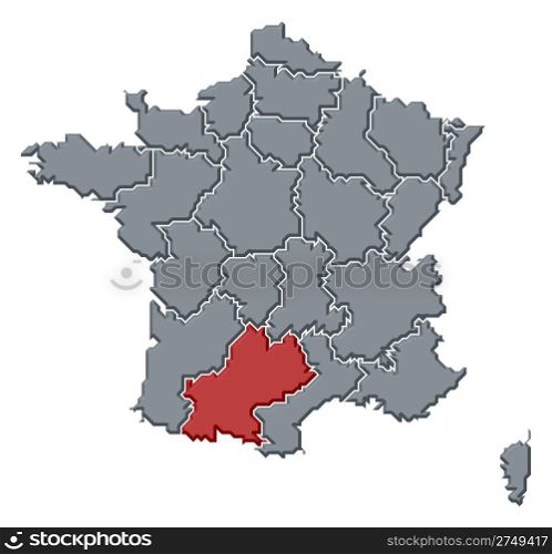 Map of France, Midi-Pyrenees highlighted. Political map of France with the several regions where Midi-Pyrenees is highlighted.