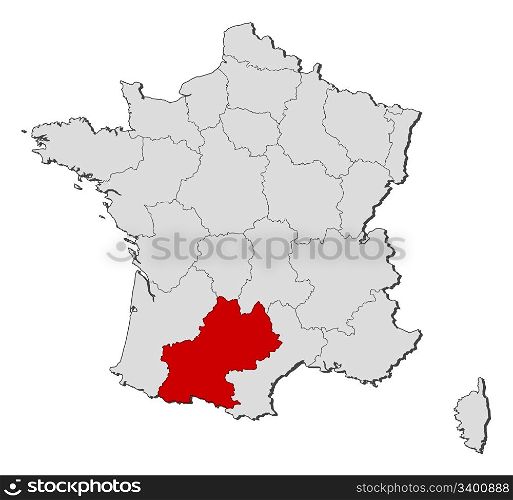 Map of France, Midi-Pyrenees highlighted. Political map of France with the several regions where Midi-Pyrenees is highlighted.