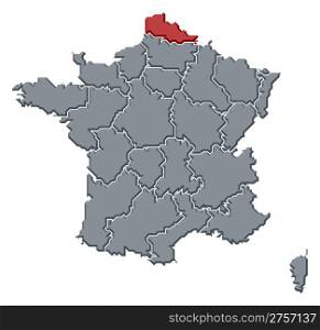 Map of France, Nord-Pas-de-Calais highlighted. Political map of France with the several regions where Nord-Pas-de-Calais is highlighted.