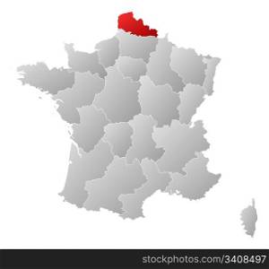 Map of France, Nord-Pas-de-Calais highlighted. Political map of France with the several regions where Nord-Pas-de-Calais is highlighted.
