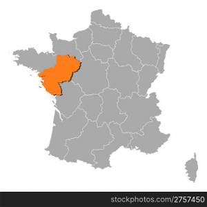 Map of France, Pais de la Loire highlighted. Political map of France with the several regions where Pays de la Loire is highlighted.