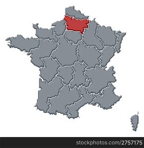 Map of France, Picardy highlighted. Political map of France with the several regions where Picardy is highlighted.