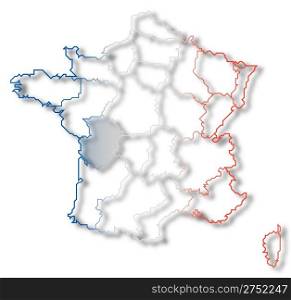 Map of France, Poitou-Charentes highlighted. Political map of France with the several regions where Poitou-Charentes is highlighted.