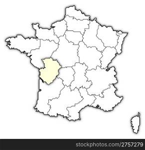 Map of France, Poitou-Charentes highlighted. Political map of France with the several regions where Poitou-Charentes is highlighted.