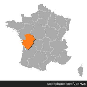 Map of France, Poitou-Charentes highlighted. Political map of France with the several regions where Poitou-Charentes is highlighted.