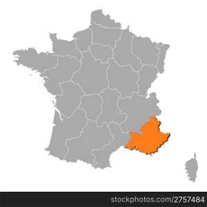 Map of France, Provence-Alpes-Cote d&rsquo;Azur highlighted. Political map of France with the several regions where Provence-Alpes-Cote d&rsquo;Azur is highlighted.