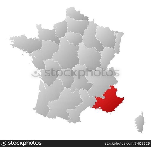 Map of France, Provence-Alpes-Cote d&rsquo;Azur highlighted. Political map of France with the several regions where Provence-Alpes-Cote d&rsquo;Azur is highlighted.