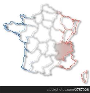 Map of France, Rhone-Alpes highlighted. Political map of France with the several regions where Rhone-Alpes is highlighted.