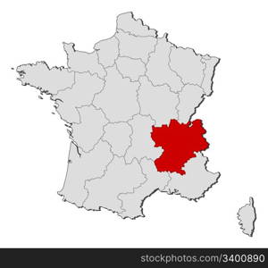 Map of France, Rhone-Alpes highlighted. Political map of France with the several regions where Rhone-Alpes is highlighted.