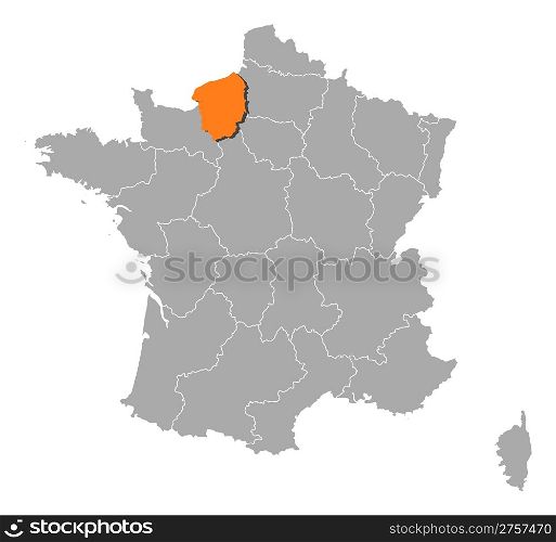Map of France, Upper Normandy highlighted. Political map of France with the several regions where Upper Normandy is highlighted.