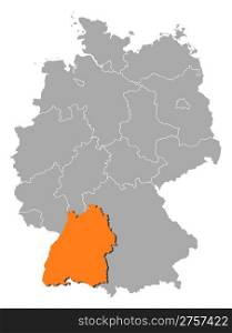 Map of Germany, Baden-Wurttemberg highlighted. Political map of Germany with the several states where Baden-Wurttemberg is highlighted.
