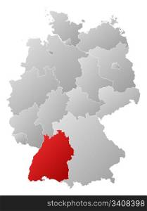 Map of Germany, Baden-Wurttemberg highlighted. Political map of Germany with the several states where Baden-Wurttemberg is highlighted.