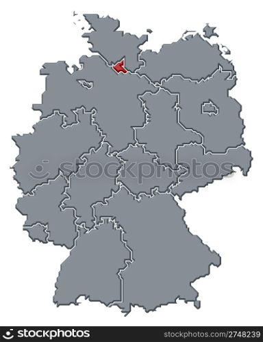 Map of Germany, Hamburg highlighted. Political map of Germany with the several states where Hamburg is highlighted.