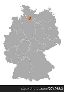 Map of Germany, Hamburg highlighted. Political map of Germany with the several states where Hamburg is highlighted.
