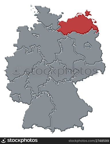 Map of Germany, Mecklenburg-Vorpommern highlighted. Political map of Germany with the several states where Mecklenburg-Vorpommern is highlighted.