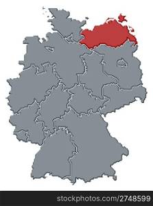 Map of Germany, Mecklenburg-Vorpommern highlighted. Political map of Germany with the several states where Mecklenburg-Vorpommern is highlighted.