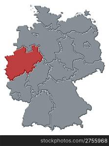 Map of Germany, North Rhine-Westphalia highlighted. Political map of Germany with the several states where North Rhine-Westphalia is highlighted.