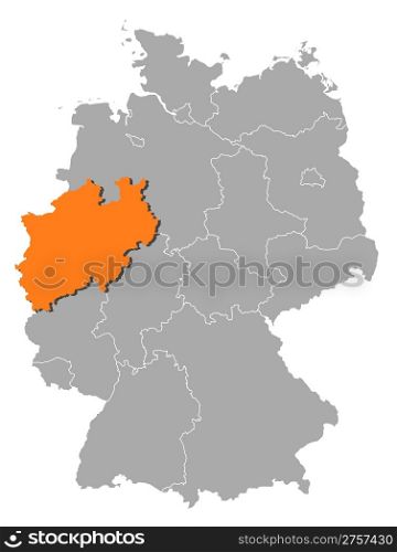Map of Germany, North Rhine-Westphalia highlighted. Political map of Germany with the several states where North Rhine-Westphalia is highlighted.