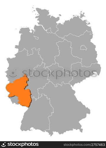 Map of Germany, Rhineland-Palatinate highlighted. Political map of Germany with the several states where Rhineland-Palatinate is highlighted.