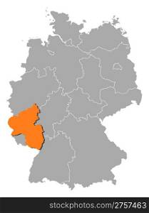 Map of Germany, Rhineland-Palatinate highlighted. Political map of Germany with the several states where Rhineland-Palatinate is highlighted.