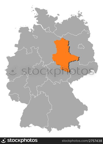 Map of Germany, Saxony-Anhalt highlighted. Political map of Germany with the several states where Saxony-Anhalt is highlighted.