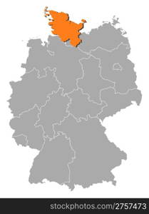 Map of Germany, Schleswig-Holstein highlighted. Political map of Germany with the several states where Schleswig-Holstein is highlighted.