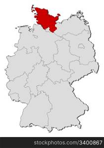 Map of Germany, Schleswig-Holstein highlighted. Political map of Germany with the several states where Schleswig-Holstein is highlighted.