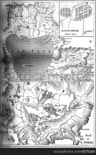 Map of Gondar, vintage engraved illustration. Le Tour du Monde, Travel Journal, (1865).