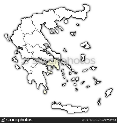 Map of Greece, Attica highlighted. Political map of Greece with the several states where Attica is highlighted.