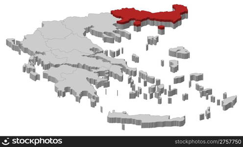 Map of Greece, East Macedonia and Thrace highlighted. Political map of Greece with the several states where East Macedonia and Thrace is highlighted.