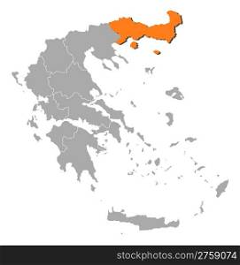 Map of Greece, East Macedonia and Thrace highlighted. Political map of Greece with the several states where East Macedonia and Thrace is highlighted.