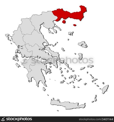 Map of Greece, East Macedonia and Thrace highlighted. Political map of Greece with the several states where East Macedonia and Thrace is highlighted.