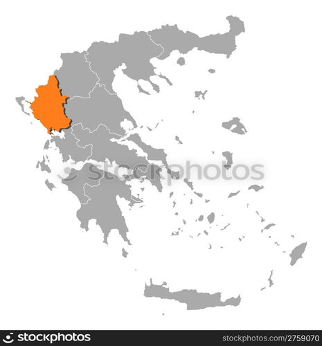 Map of Greece, Epirus highlighted. Political map of Greece with the several states where Epirus is highlighted.