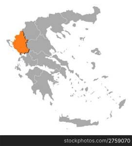 Map of Greece, Epirus highlighted. Political map of Greece with the several states where Epirus is highlighted.