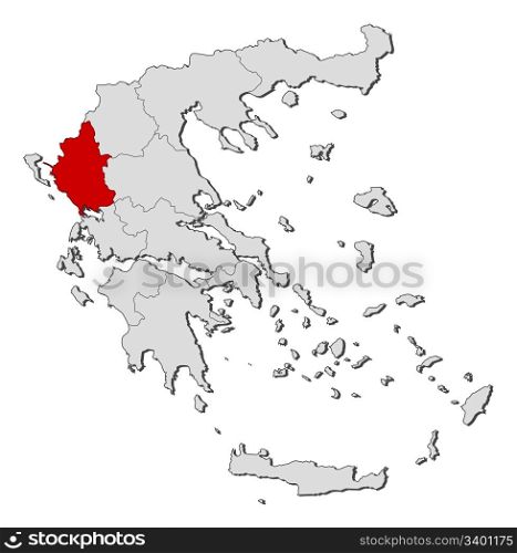 Map of Greece, Epirus highlighted. Political map of Greece with the several states where Epirus is highlighted.