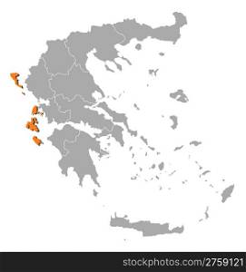 Map of Greece, Ionien Islands highlighted. Political map of Greece with the several states where the Ionien Islands are highlighted.